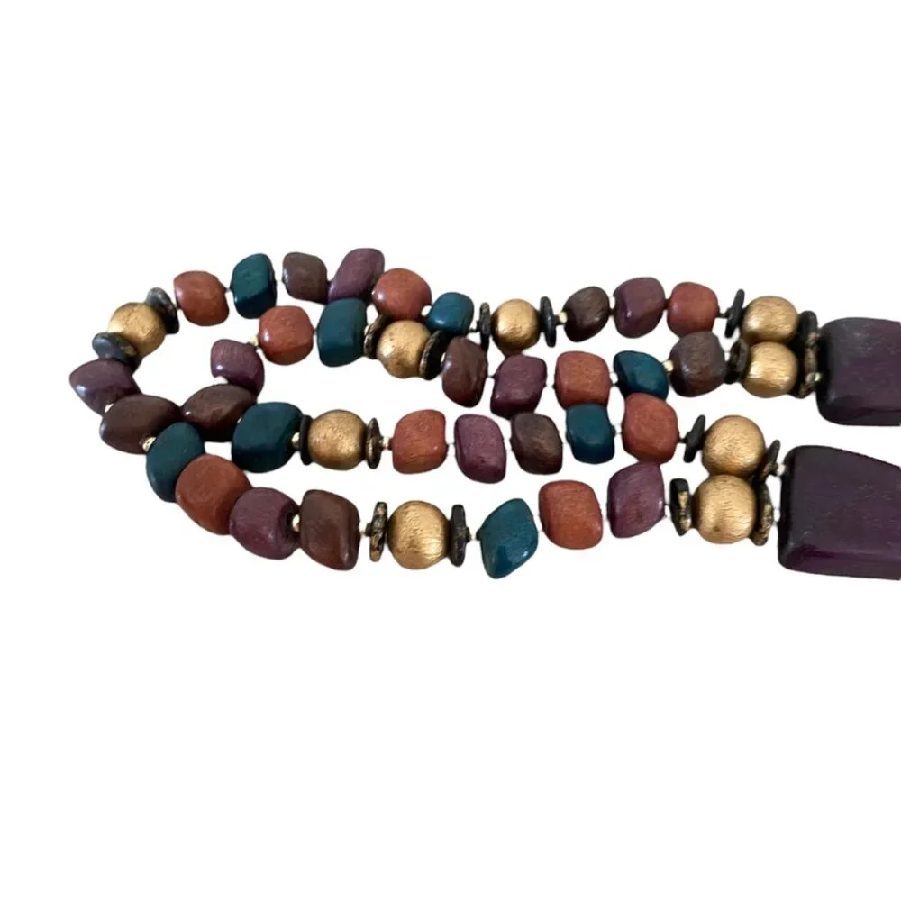 70s wooden necklace double strant multicolor
